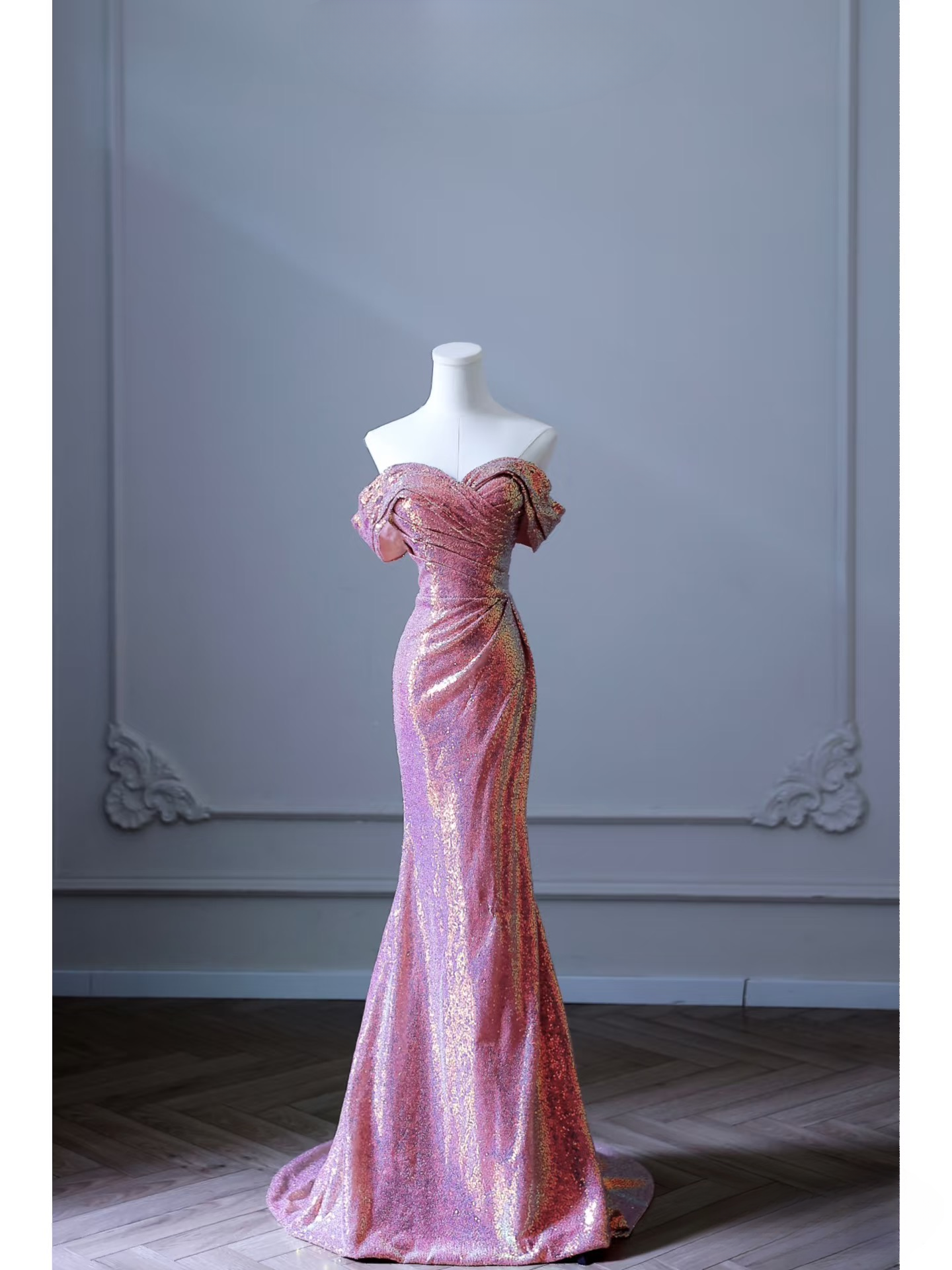 Mermaid Off The Shoulder Pink Sequin Floor Length Stunning Prom Dresses 2026 Inspiration Prom Dress Princess Graduation Dress AU024
