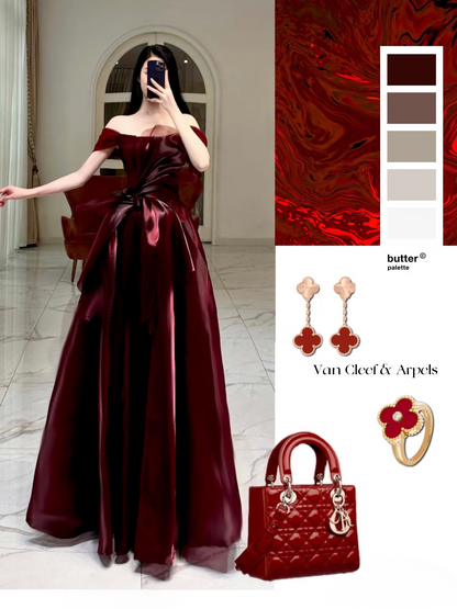 Ballkleid aus schulterfreiem, burgunderfarbenem Organza, bodenlang, atemberaubende Ballkleider 2026, Inspiration, Ballkleid, Prinzessin, Abschlusskleid AU025