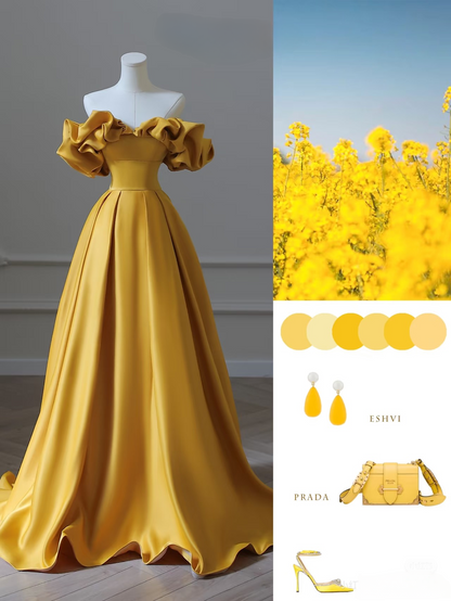 Ball Gown Off The Shoulder Yellow Satin Floor Length Stunning Prom Dresses Inspiration Prom Dress Princess Graduation Dress AU026