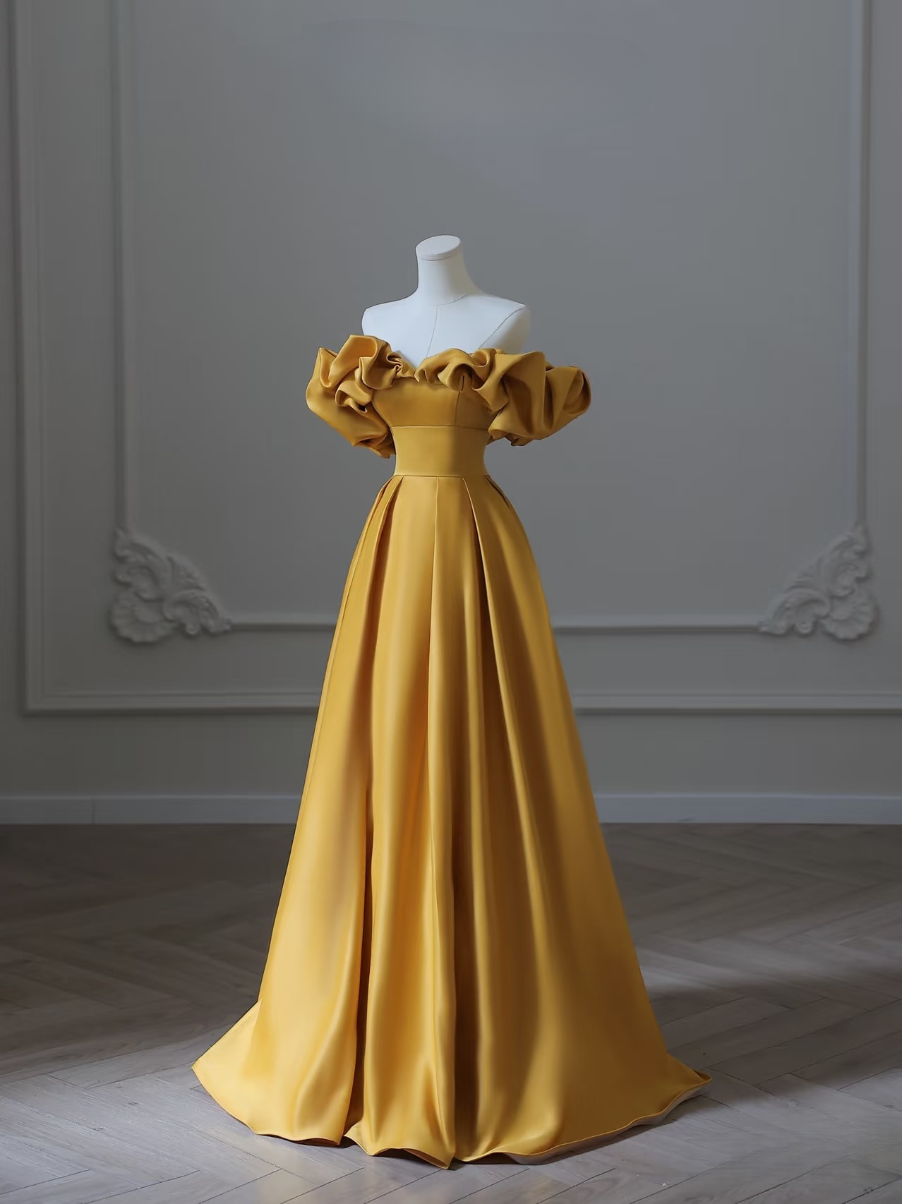 Ball Gown Off The Shoulder Yellow Satin Floor Length Stunning Prom Dresses Inspiration Prom Dress Princess Graduation Dress AU026