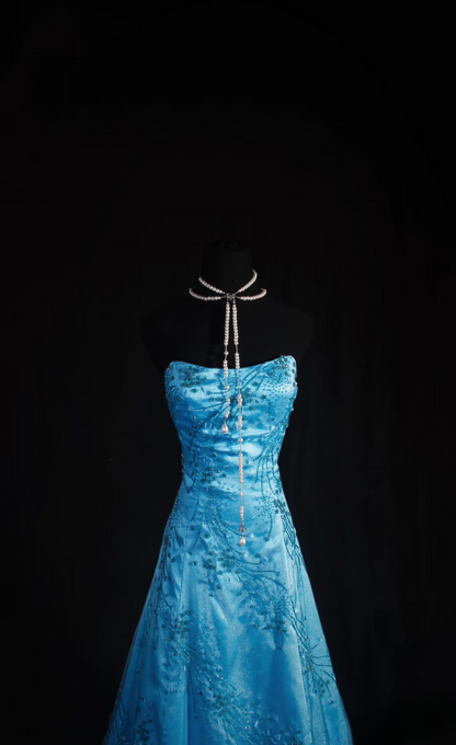 Retro-Abendkleider, A-Linie, trägerlos, blauer Tüll, Perlenbesatz, Vintage-Stil, lange Abendkleider, Partykleider AU026