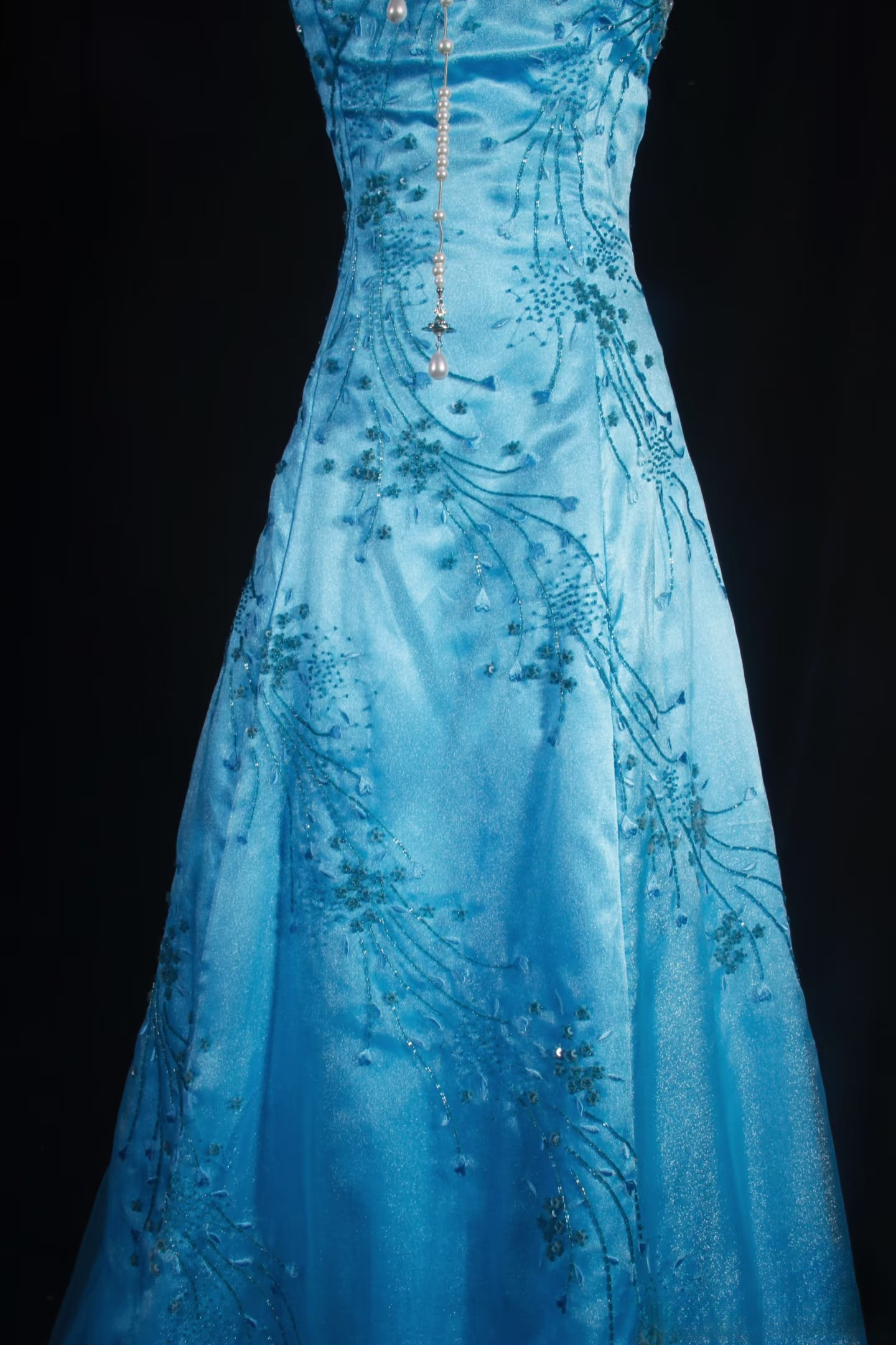 Retro-Abendkleider, A-Linie, trägerlos, blauer Tüll, Perlenbesatz, Vintage-Stil, lange Abendkleider, Partykleider AU026