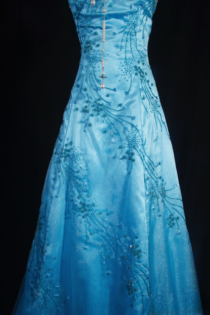 Retro-Abendkleider, A-Linie, trägerlos, blauer Tüll, Perlenbesatz, Vintage-Stil, lange Abendkleider, Partykleider AU026