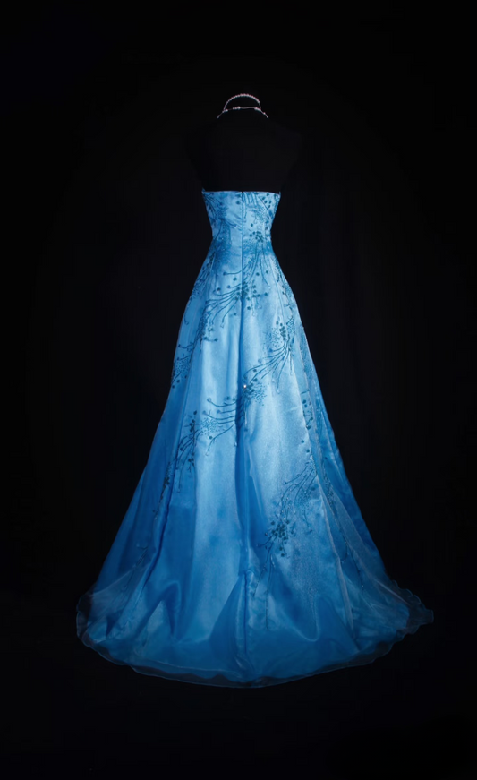 Retro-Abendkleider, A-Linie, trägerlos, blauer Tüll, Perlenbesatz, Vintage-Stil, lange Abendkleider, Partykleider AU026