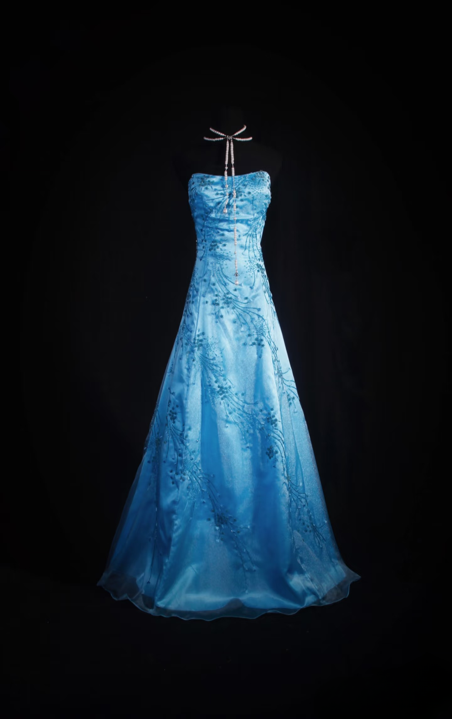 Retro-Abendkleider, A-Linie, trägerlos, blauer Tüll, Perlenbesatz, Vintage-Stil, lange Abendkleider, Partykleider AU026