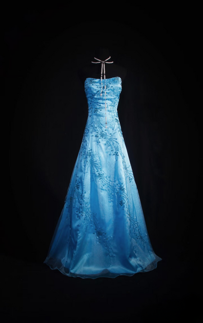 Retro-Abendkleider, A-Linie, trägerlos, blauer Tüll, Perlenbesatz, Vintage-Stil, lange Abendkleider, Partykleider AU026