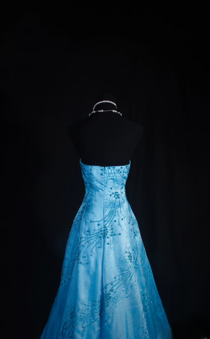 Retro-Abendkleider, A-Linie, trägerlos, blauer Tüll, Perlenbesatz, Vintage-Stil, lange Abendkleider, Partykleider AU026