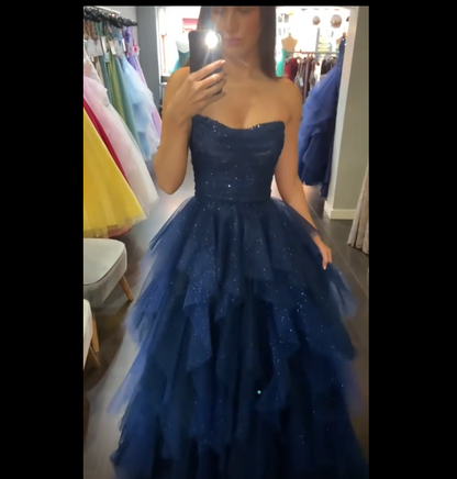 Stunning Navy Blue Strapless Beaded Tulle Long Prom Dresses Evening Formal Dress AB323
