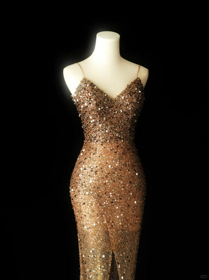Glitter Mermaid Spaghetti Strap Gold Sequined With High Split Prom Dresses Long Evening Party Formal Outfits RB6580