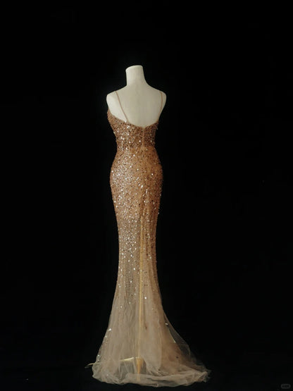Stunning Mermaid Sweetheart Gold Sequin Long Prom Dresses Inspo Glitter Prom Gown DH2935