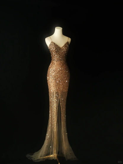 Glitter Mermaid Spaghetti Strap Gold Sequined With High Split Prom Dresses Long Evening Party Formal Outfits RB6580