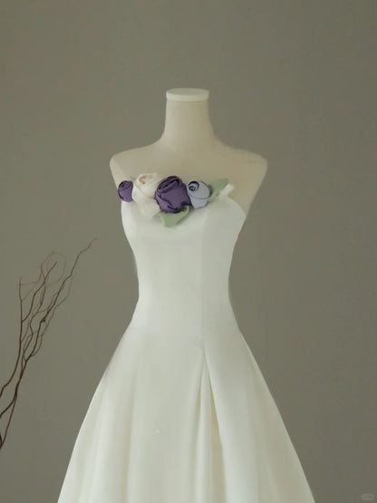 Simple Ball Gown Strapless White Groom Brides Gown Bridal Dress Style Floor Length Wedding Dresses RB6984