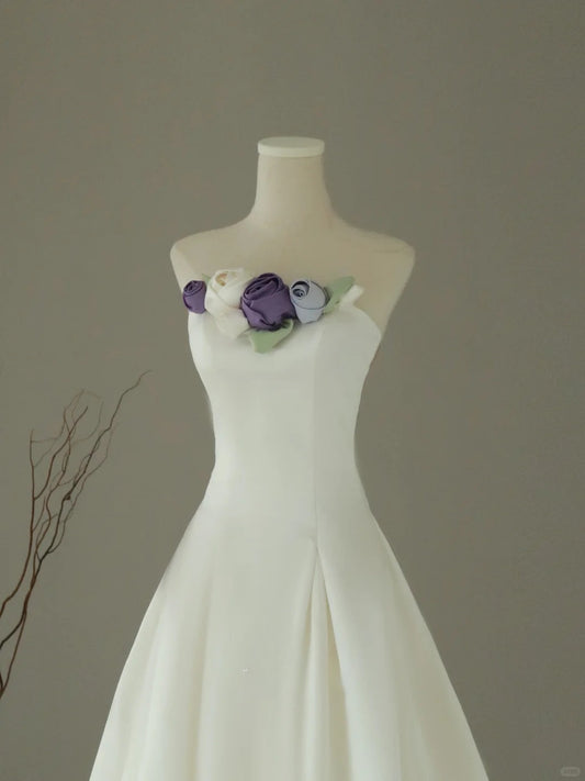 Simple Ball Gown Strapless White Groom Brides Gown Bridal Dress Style Floor Length Wedding Dresses RB6984