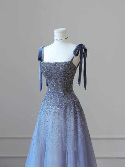 Sexy A line Straps Tulle Sleeveless Sequin Floor Length Stunning Prom Dresses Blue Inspiration High School Dance Dress Princess Graduation Gown AU035