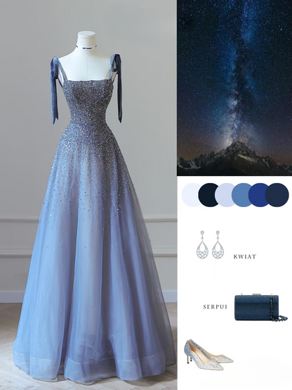 Sexy A line Straps Tulle Sleeveless Sequin Floor Length Stunning Prom Dresses Blue Inspiration High School Dance Dress Princess Graduation Gown AU035