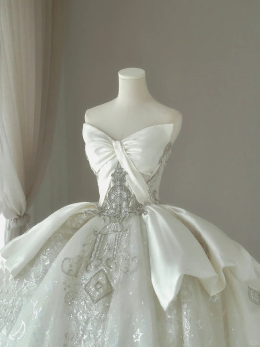 Classic Ball Gown Sweetheart White Sequin With Beading Groom Bride Gown Bridal Dress Style Wedding Dresses RB6988
