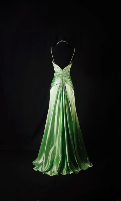 Retro-Abendkleid im Meerjungfrauenstil mit Spaghettiträgern im 80er-Jahre-Stil, silbernen Perlen und Schlitz, grünem Satin, Vintage-Mode, langes Abendkleid, Partykleid AU038