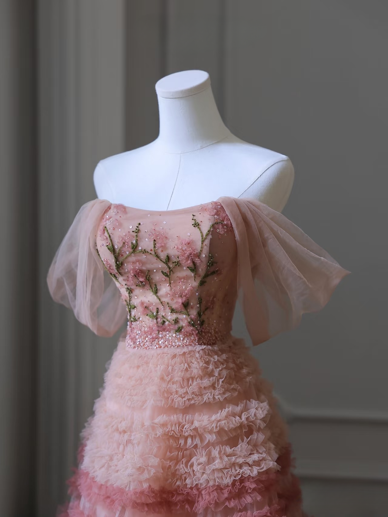 Modest Ball Gown Off The Shoulder Tulle Pink Floor Length Stunning Prom Dresses Inspiration Prom Dress Princess Dance Formal Graduation Dress AU039