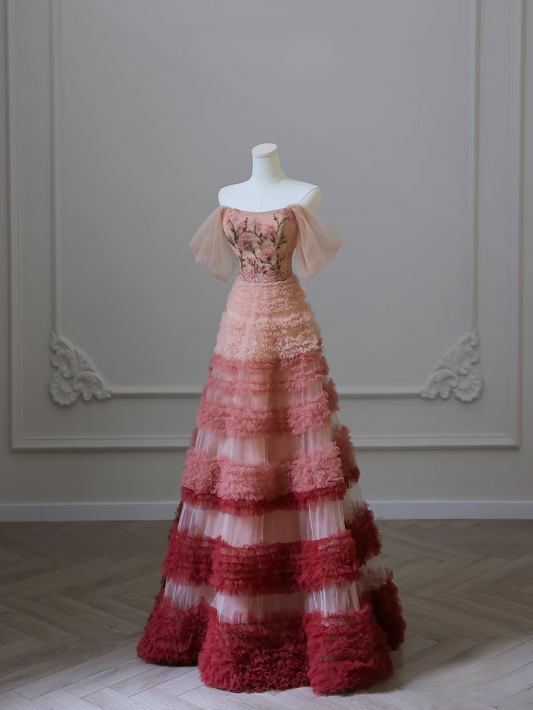 Modest Ball Gown Off The Shoulder Tulle Pink Floor Length Stunning Prom Dresses Inspiration Prom Dress Princess Dance Formal Graduation Dress AU039