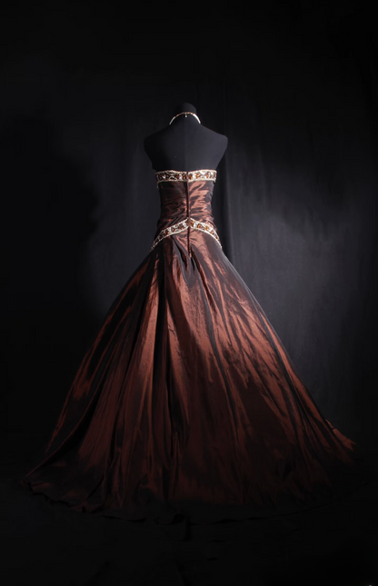 Vintage Ballkleid, trägerlos, braun, perlenbesetzt, Taft, inspiriert von den 80er Jahren, langes Abendkleid, Ballkleid, Partykleid, Abiballkleid AU039