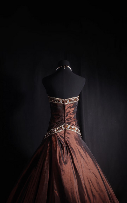 Vintage Ballkleid, trägerlos, braun, perlenbesetzt, Taft, inspiriert von den 80er Jahren, langes Abendkleid, Ballkleid, Partykleid, Abiballkleid AU039