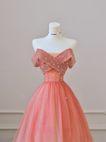 Modest Ball Gown Off The Shoulder Tulle Pink Ombre Floor Length Stunning Prom Dresses Inspiration Prom Dress Princess Formal Graduation Dress AU040