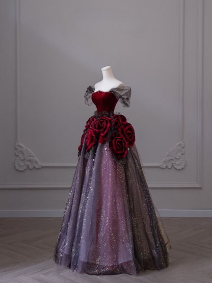 Sexy Ball Gown Off The Shoulder Tulle Short Sleeves Red Floor Length Stunning Prom Dresses Inspiration High School Dance Dress Princess Graduation Gown AU041