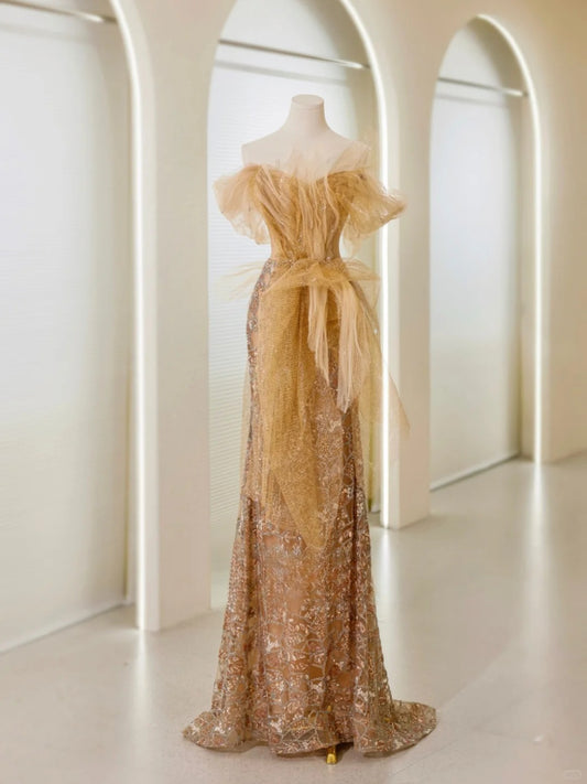Robe de soirée longue à paillettes dorées et épaules dénudées, style sirène chic, tenue de soirée, robe de remise de diplôme, AU041