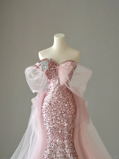 Funkelndes Meerjungfrauen-Abendkleid mit Herzausschnitt, Ombré-Muster in Rosa und Silber, Pailletten, ärmellos, langes Abendkleid AB221