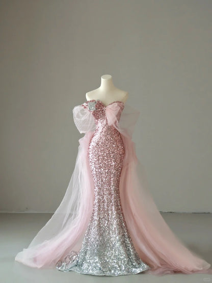 Funkelndes Meerjungfrauen-Abendkleid mit Herzausschnitt, Ombré-Muster in Rosa und Silber, Pailletten, ärmellos, langes Abendkleid AB221