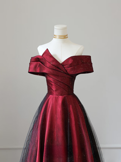 Modest Ball Gown Off The Shoulder Tulle Burgundy Stunning Prom Dresses Inspiration Prom Gowns With Sleeves Princess Formal Graduation Dress AU045