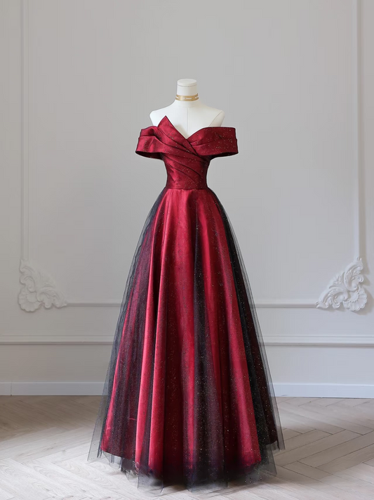 Modest Ball Gown Off The Shoulder Tulle Burgundy Stunning Prom Dresses Inspiration Prom Gowns With Sleeves Princess Formal Graduation Dress AU045
