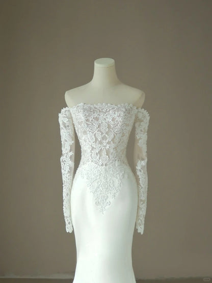 Princess Mermaid Off The Shoulder Lace White With Long Sleeves Groom Bride Gown Bridal Dress Modest Wedding Dresses RB7674