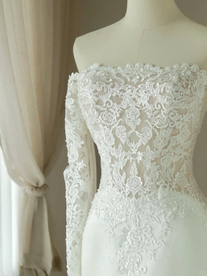 Princess Mermaid Off The Shoulder Lace White With Long Sleeves Groom Bride Gown Bridal Dress Modest Wedding Dresses RB7674