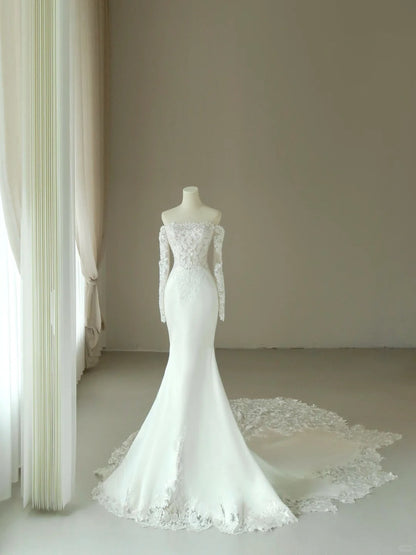 Princess Mermaid Off The Shoulder Lace White With Long Sleeves Groom Bride Gown Bridal Dress Modest Wedding Dresses RB7674