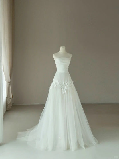 Princess Mermaid Strapless Tulle White With Flowers Appliqued Groom Bride Gown Bridal Dress Modest Wedding Dresses RB7676