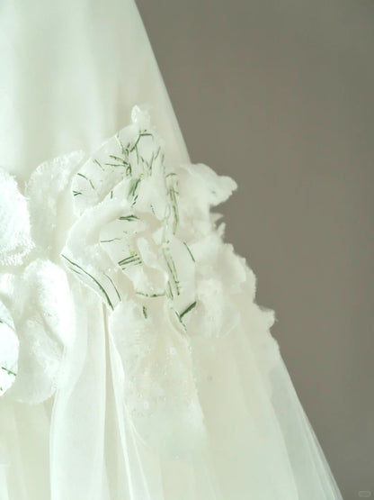 Princess Mermaid Strapless Tulle White With Flowers Appliqued Groom Bride Gown Bridal Dress Modest Wedding Dresses RB7676