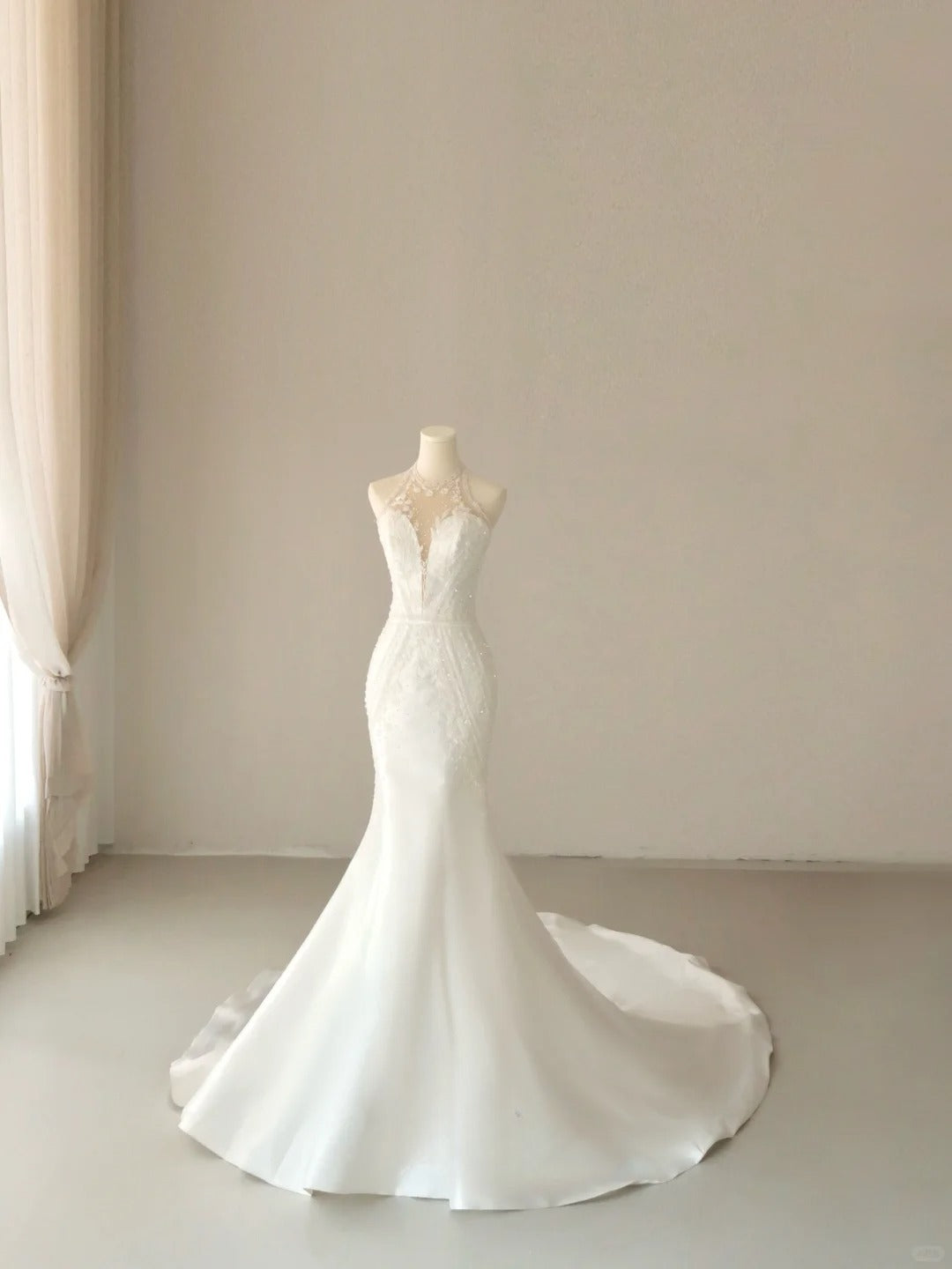 Princess Mermaid High Neck Tulle White With Beading Appliqued Groom Bride Gown Bridal Dress Modest Wedding Dresses RB7677