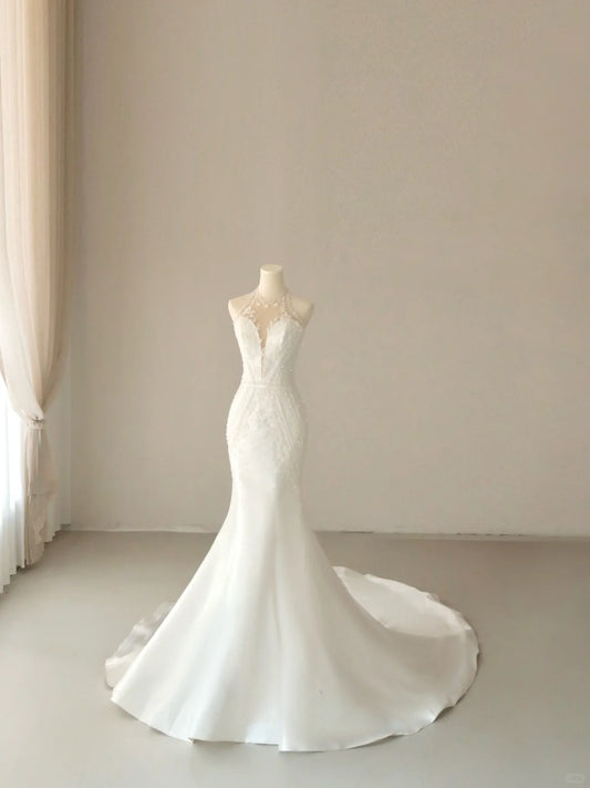 Princess Mermaid High Neck Tulle White With Beading Appliqued Groom Bride Gown Bridal Dress Modest Wedding Dresses RB7677