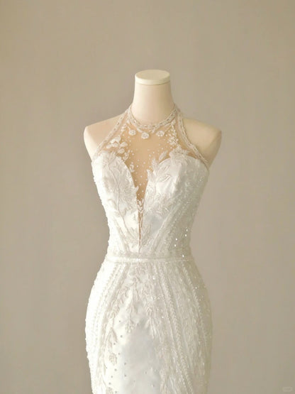Princess Mermaid High Neck Tulle White With Beading Appliqued Groom Bride Gown Bridal Dress Modest Wedding Dresses RB7677