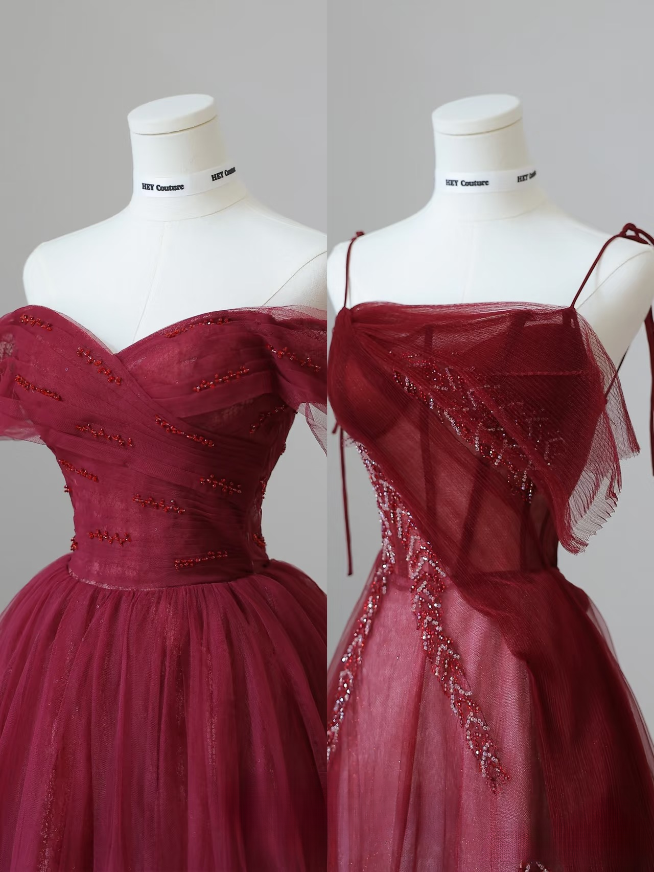 Elegant Ball Gown Spaghetti Straps Burgundy Tulle Floor Length Amazing Prom Dress Inspiration Ideas Prom Gowns Inspo Grad Dress AU051