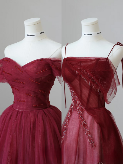 Elegant Ball Gown Spaghetti Straps Burgundy Tulle Floor Length Amazing Prom Dress Inspiration Ideas Prom Gowns Inspo Grad Dress AU051