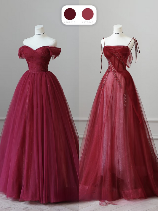 Elegant Ball Gown Spaghetti Straps Burgundy Tulle Floor Length Amazing Prom Dress Inspiration Ideas Prom Gowns Inspo Grad Dress AU051