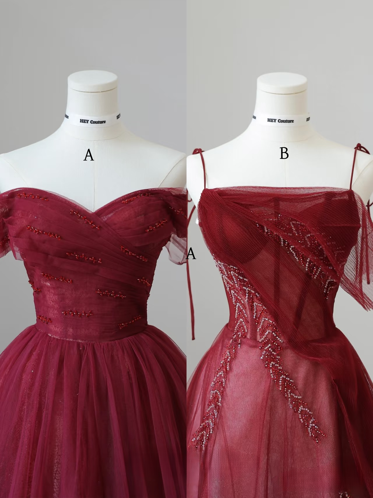 Elegant Ball Gown Spaghetti Straps Burgundy Tulle Floor Length Amazing Prom Dress Inspiration Ideas Prom Gowns Inspo Grad Dress AU051