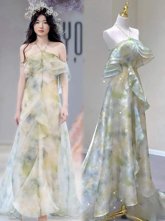 Elegant A Line Halter Green Chiffon Long Stunning Prom Dresses Inspiration Prom Gowns Princess Graduation Dress AU052