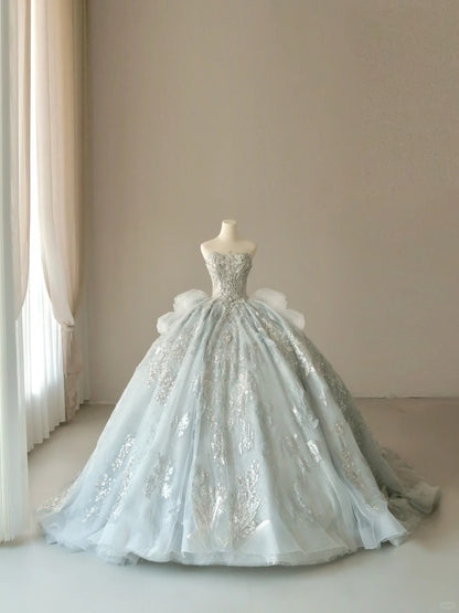 Princess Ball Gown Strapless With Ruffled Bow-knot Groom Bride Gown Bridal Dress Modest Wedding Dresses RB7678