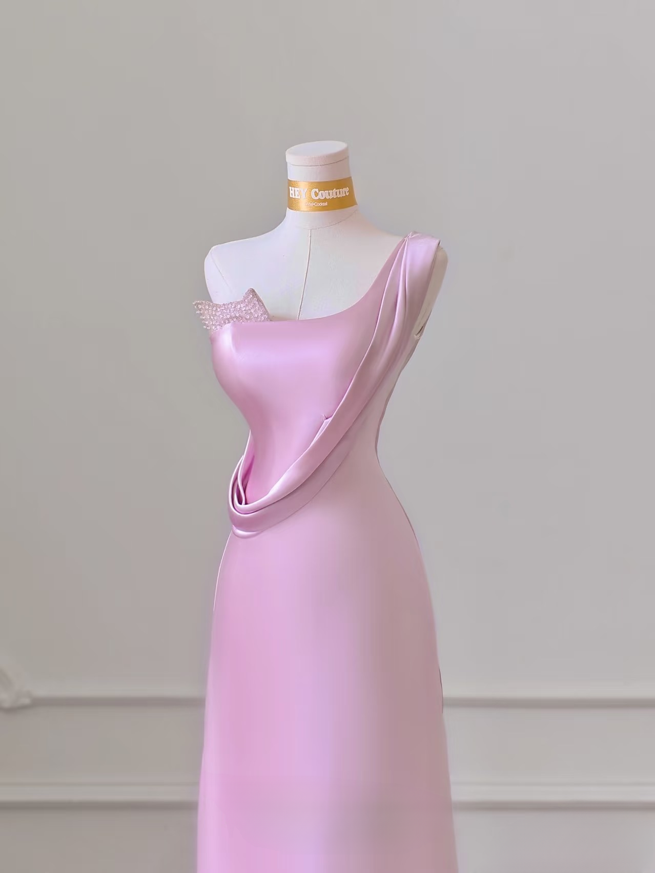 Unique A Line One Shoulder Pink Satin Long Prom Dresses Inspiration Prom Gowns Princess Graduation Dress AU055