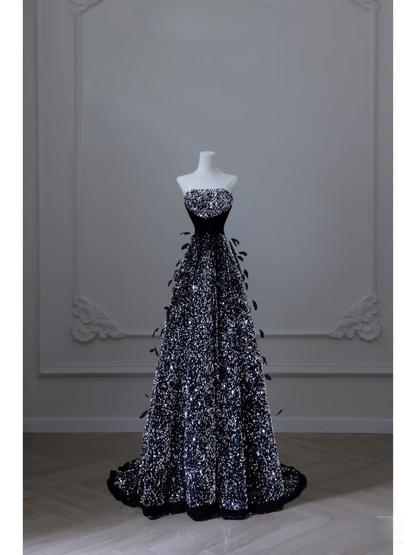 A line Strapless Black Glam Prom Dresses Inspiration Sequin Prom Gowns Princess Formal Evening Dress AU057