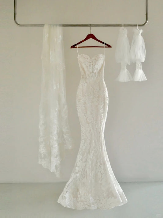 Modest Mermaid Sweetheart White Lace Groom Bride Gown Bridal Dress Modest Wedding Dresses RB7683