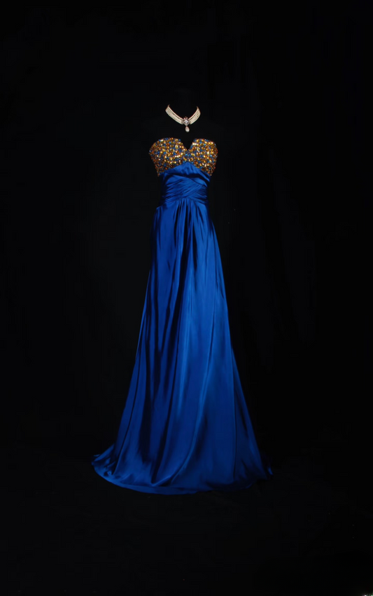 Vintage-Abendkleider der 2000er Jahre: A-Linie, herzförmiger Ausschnitt, königsblaues Satin-Abendkleid, Inspiration für lange Abendkleider AU058